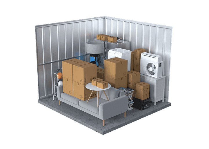 A 10 by 10 unit holding a sofa, washer, air conditioner and stacked boxes
