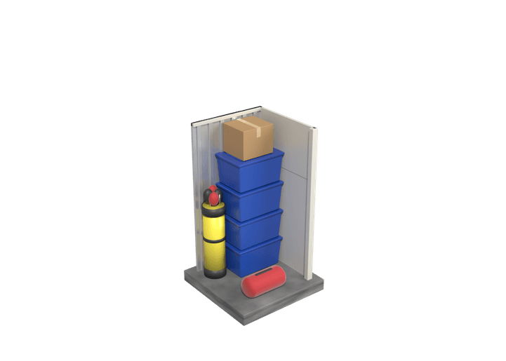 A 3 by 3 foot locker, 6 feet tall, holding four storage totes, a box, a golf bag and a duffel bag