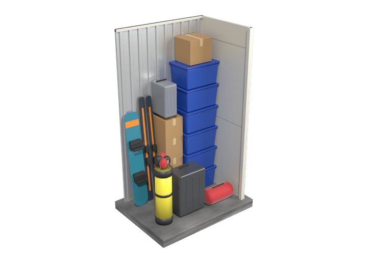 A 5 by 3.5 foot locker, 9 feet tall, holding six storage totes, boxes, a carry-on, skis, a snowboard, a golf bag, a suitcase and a duffel bag