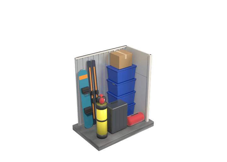 A 5 by 3 foot locker, 6 feet tall, holding four storage totes, a box, skis, a snowboard, a golf bag, a suitcase and a duffel bag