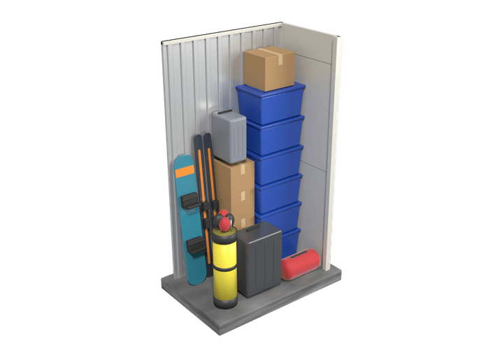 A 5 by 3 foot locker, 9 feet tall, holding six storage totes, boxes, a carry-on, skis, a snowboard, a golf bag, a suitcase and a duffel bag
