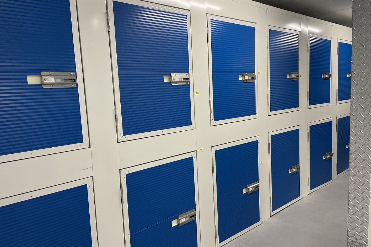 Rows of blue locker-style storage units at CityBox Midtown
